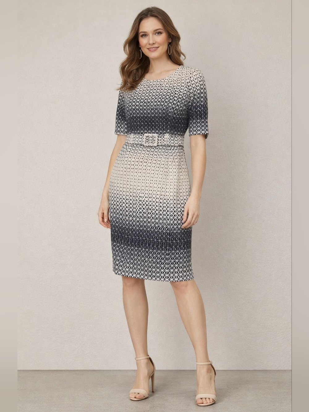 ILE New York Belted Sheath Dress Navy White Geometric Print Short Sleeve Midi